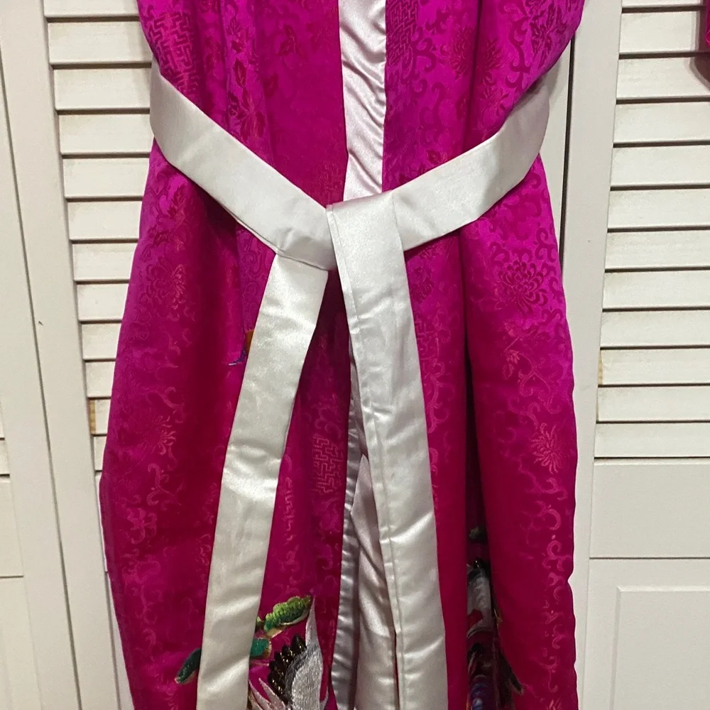Fuchsia Satin Kimono Robe with White Trim
